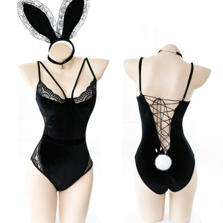 Black Sexy Woman Velvet Gathering Sexy Backless Lace Bunny Uniform Concealed Open File Jumpsuit bodysuit