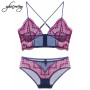 Yhotmeng Ultra-thin bra sets women summer holiday color collision sexy transparent lingerie women embroidery lace bra set