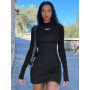 Women Turtleneck Long Sleeves Letter Print Sexy Bodycon Skinny Mini Dress Streetwear