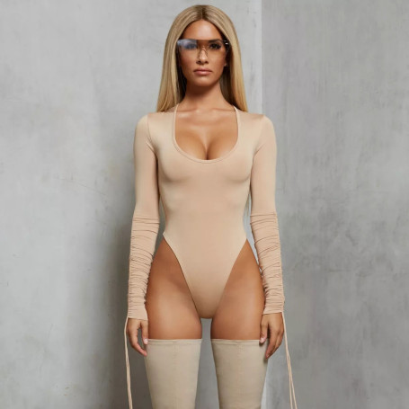 Women Draped Lace Up Long Sleeve Bodysuits Spring O Neck Bodycon Casual Tops