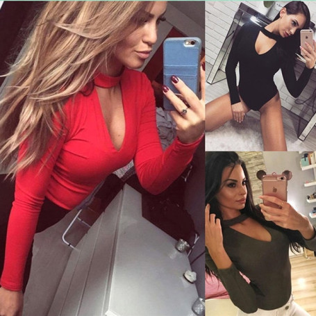 Women's Long Sleeve Bodysuit Choker Romper Deep V Neck Bodycon One Piece