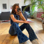 Women 90s Vintage Fashion Flower Double Denim Set Harajuku Fashion T shirt Flare Jeans Sets