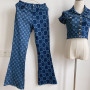 Women 90s Vintage Fashion Flower Double Denim Set Harajuku Fashion T shirt Flare Jeans Sets