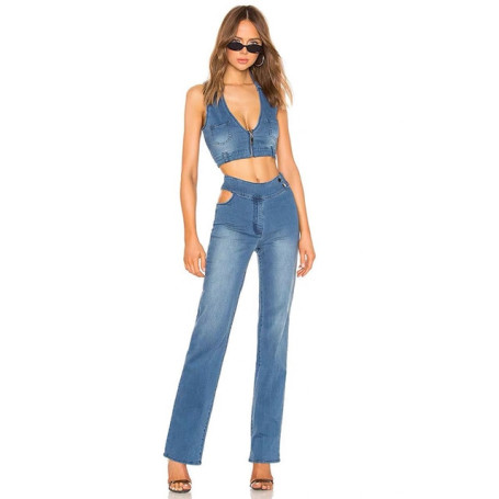 Women 90s Vintage Girls Denim Tank Sexy Sleeveless Crop Tops Street Fashion Jeans Pant 2 Pieces Set