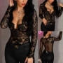 Women Bodysuit Sexy Hollow Out Lace Rompers Bodycon Leotard Tops Playsuit Long Sleeve