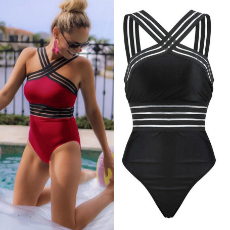 Women Romper Stripes Mesh Spliced Off Shoulder Cross Backless Bodysuit With Pad Sports Bath Clothes