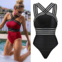 Women Romper Stripes Mesh Spliced Off Shoulder Cross Backless Bodysuit With Pad Sports Bath Clothes