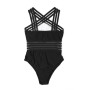 Women Romper Stripes Mesh Spliced Off Shoulder Cross Backless Bodysuit With Pad Sports Bath Clothes