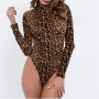 Women Leopard Bodysuit Turtleneck Long Sleeve Stretch Playsuit Top