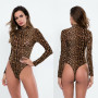 Women Leopard Bodysuit Turtleneck Long Sleeve Stretch Playsuit Top