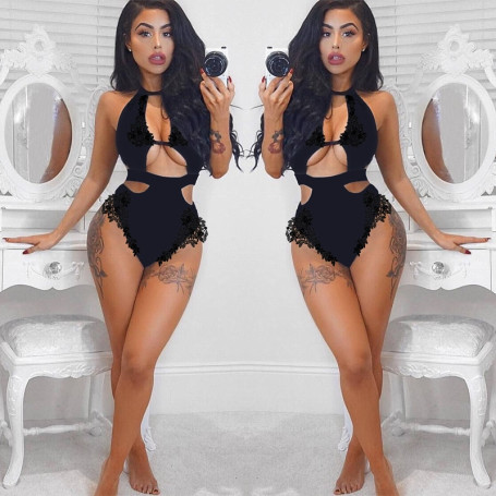 Sexy Embroidery Lace Bodysuits Bra & Brief Sets Women's Sheer Mesh Teddy Halter Plus Size