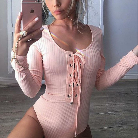 Women Ribbed Bottoming Shirts Solid Skinny Long Sleeve Bodysuit Casual Lace Up Front Leotard Tops