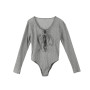 Women Ribbed Bottoming Shirts Solid Skinny Long Sleeve Bodysuit Casual Lace Up Front Leotard Tops