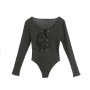 Women Ribbed Bottoming Shirts Solid Skinny Long Sleeve Bodysuit Casual Lace Up Front Leotard Tops