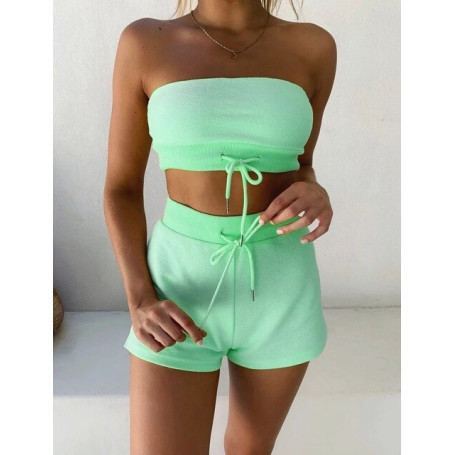 Women Two Pieces Sets Solid Plus Size Wrapped Strapless Tops+Shorts