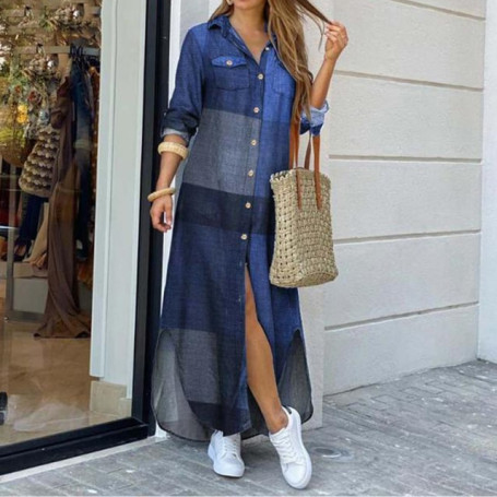 Women Fashion Long Robe Vintage Long Sleeves Maxi Shirt Dress Casual Plaid  Plus Size