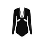 Black Apricot Long Sleeve V Neck Hollow Out Rayon Bandage Bodysuit Women Bikini