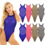 Women Shimmering Sheer Sexy Bodysuit Halter Neck Sleeveless High Cut Backless Leotard Nightwear