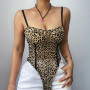 Women Slim Sexy Club Outfit Backless Leopard Print Spaghetti Strap Mesh Bodysuit