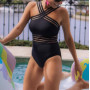Women Plus Size Monokini Swimwear Strappy Cross Body Backless Solid Color Hollow Out Mesh Bodysuit