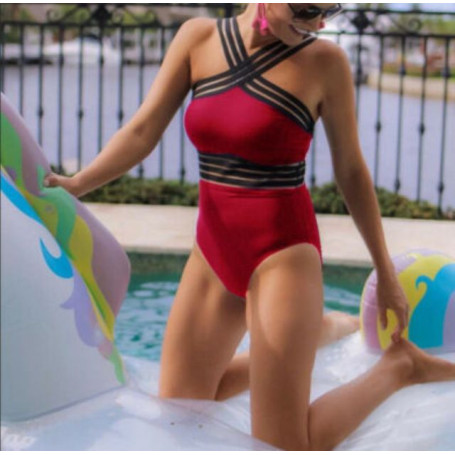 Women Plus Size Monokini Swimwear Strappy Cross Body Backless Solid Color Hollow Out Mesh Bodysuit