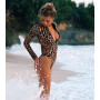 Women Leopard Serpentine Print Bodysuit Long Sleeve Bodycon Sexy V Neck Hollow Out Swimwear