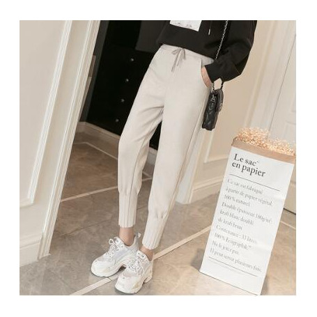 Women Streetwear Pants Elastic High Waist Faux Suede Harem Pant Casual Ankle Length Trousers