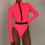 Women Long Sleeve Bodysuit Fashion Zipper V-Neck Bodycon Spandex Neon Romper