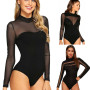 Women's Sexy Mesh Sheer Turtleneck Body suit Ladies Long Sleeve Leotard Tops Black Jumpsuit