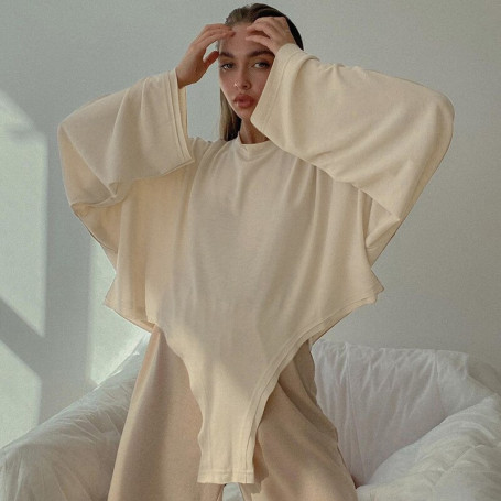 Women's Streetwear Loose Tops Irregular Hem Pullover Tops Fashion Long Sleeve Round Neck Solid Color Loose T-shirts