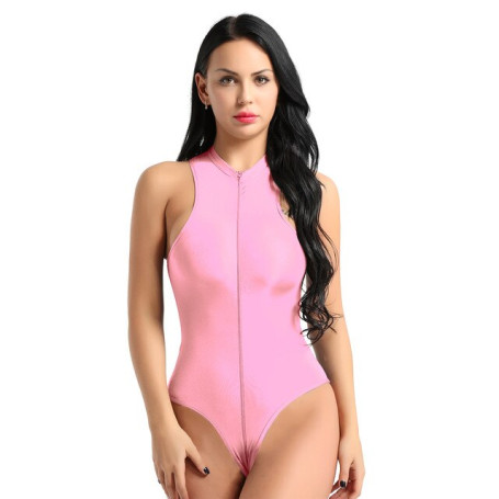 Women See Through One Piece Sheer Romper Bodysuit Mock Neck High Cut Zippered Thong Leotard