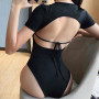 Backless Lace Up Bodysuit Women Sexy Skinny Bodysuit Black Short Sleeve Round Collar Casual One-piece Jumpsuit Bodysuit Clubwear