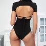 Backless Lace Up Bodysuit Women Sexy Skinny Bodysuit Black Short Sleeve Round Collar Casual One-piece Jumpsuit Bodysuit Clubwear