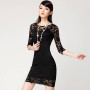 Women Lace Patchwork 3/4 Sleeve Short Casual Mini Dress Sexy O-Neck Wrapped