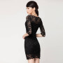 Women Lace Patchwork 3/4 Sleeve Short Casual Mini Dress Sexy O-Neck Wrapped