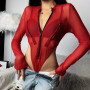 Women Mesh Bodysuits Fashion New Zipper Transparent Skinny Nightclub Long Sleeve Sheath