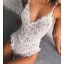 Women Bodysuit Sexy Deep V-neck Strap Lace Patchwork backless