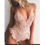 Women Bodysuit Sexy Deep V-neck Strap Lace Patchwork backless