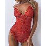 Women Bodysuit Sexy Deep V-neck Strap Lace Patchwork backless