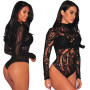 Women Sexy Long Sleeve Floral Striped Printed Bodysuits Transparent Black