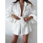 Women Bohemian Shorts Sets Solid White Loose Fit Outfits Suit 2 Two Piece Set