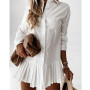 Woman Solid Color Shirt Dress Lapel Long Sleeve Pleated Single-Breasted Mini Dress