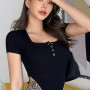 Solid color square collar button knitted one-piece tops women's waist less sexy slim short-sleeved bodysuit