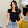 Solid color square collar button knitted one-piece tops women's waist less sexy slim short-sleeved bodysuit