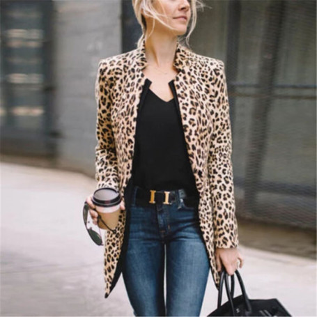 Fashion Women Leopard Print Blazer Suit Slim Work Wear