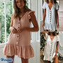 Women Casual Solid Sleeveless V Neck Button Loose Short Dresses