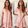 Women Casual Solid Sleeveless V Neck Button Loose Short Dresses
