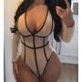 Sexy Women Sheer Mesh Lace Striped Print Bodysuit Deep V-neck Bodycon Slim Long Sleeve