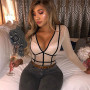 Sexy Women Sheer Mesh Lace Striped Print Bodysuit Deep V-neck Bodycon Slim Long Sleeve