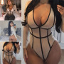 Sexy Women Sheer Mesh Lace Striped Print Bodysuit Deep V-neck Bodycon Slim Long Sleeve